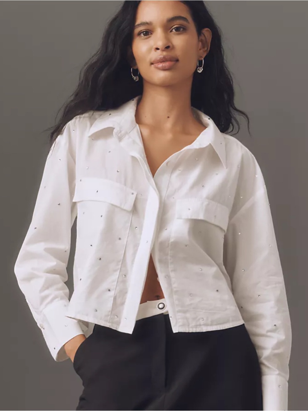 Maeve Anthropologie Patch Pocket Rhinestone Studded Crop Buttondown Shirt White
